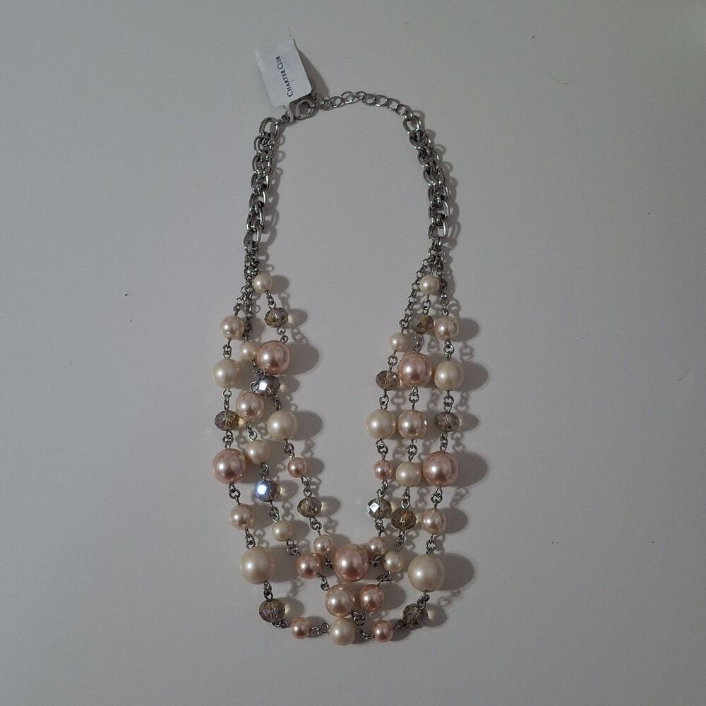 Charter Club White Pink Round Pearl Beaded Silver Tone Statement Necklace